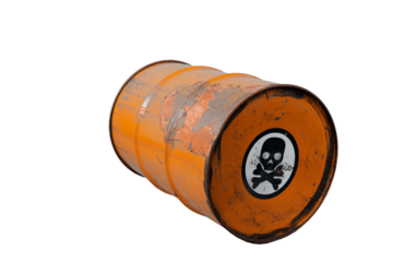 Barrel with toxic waste. Biohazard warning sign human skull with two crossed bones behind it. The symbol indicates that hazardous products death or poisoning. Rusty dangerous barrel with pathogens age