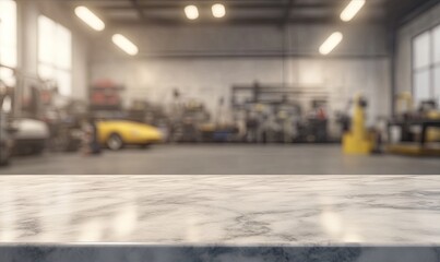 A blurry image of a car repair shop with a table in the middle