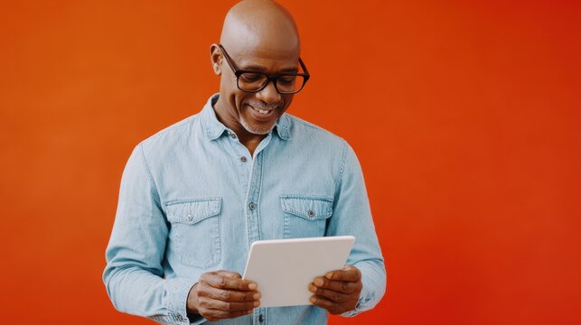 The man holding tablet