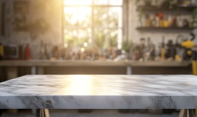 A kitchen counter with a table top and a window in the background