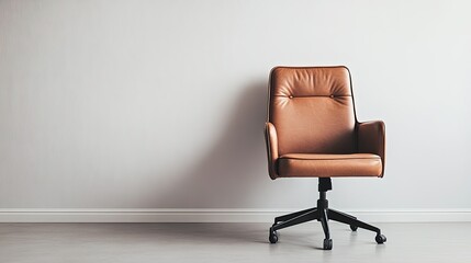 Brown leather office chair standing on a minimalist office floor, with a clean wall background and ample space for copy