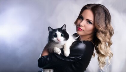 beautiful woman black dress white cat, AI generated