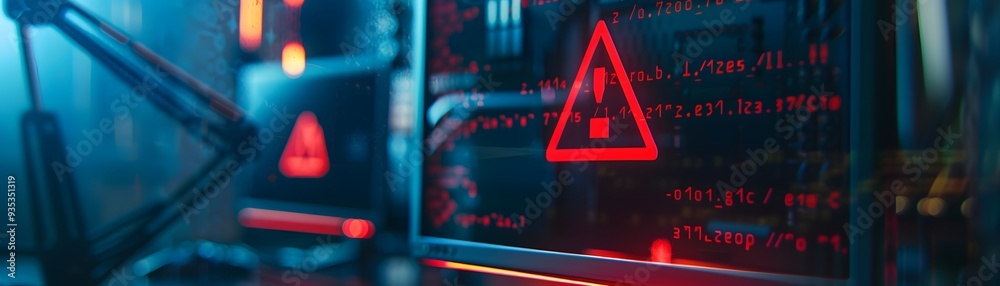 Poster a close-up of a computer screen with a red warning signal indicating a cybersecurity threat in a hig