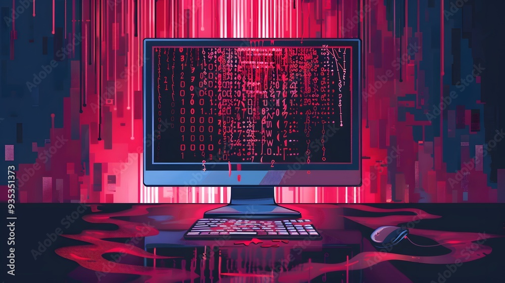 Poster a computer monitor displays a screen of code, bathed in a red digital rain. the image evokes a sense