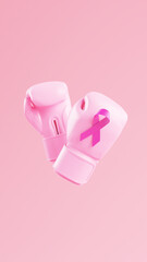 Pink boxing gloves with a breast cancer awareness ribbon on a pink background and copy space for social media post or stories. Pink October for the fight against breast cancer 3D illustration