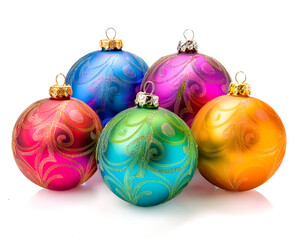 Obraz premium Bunte Christbaumkugeln, Weihnachtsdekoration, freigestellt vor weissem Hintergrund, Generative AI