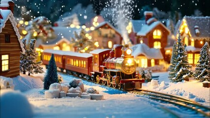 Festive toy train in snowy winter village with glowing lights, capturing holiday spirit. - Powered by Adobe