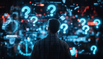 Man Looking at Question Marks.