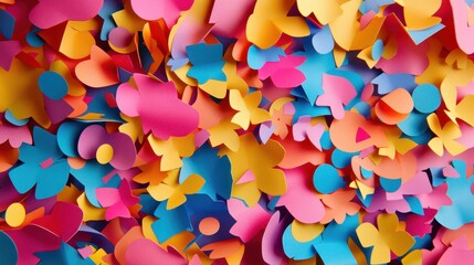 Colorful flower-shaped cutouts create a lively, textured display against a bright blue backdrop, radiating creativity and fun