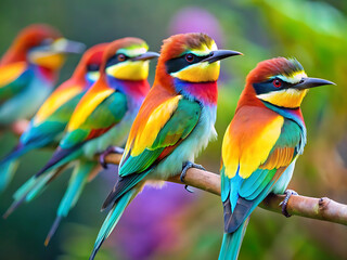 Beautiful couple of house sparrows (Passer domesticus) with vibrant colors standing on a branch. Cute birds in love, male and female garden birds looking at each other on a natural environment. Spain.