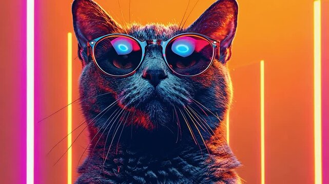 A cool purple cat wearing sunglasses is depicted in a minimalist drawing on an orange backdrop. Idea for a humorous, contemporary, and enjoyable feline design