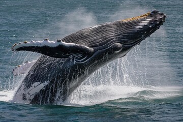 Fototapeta premium Humpback whale breaching in the ocean, creating a splash under a clear blue sky. ai