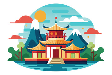 Obraz premium Traditional Chinese Pagoda with Mountains and Water