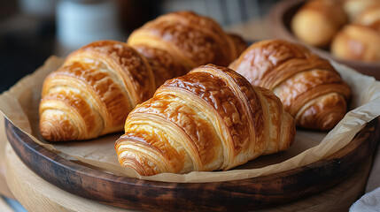 A photo of freshly baked croissants placed on a wooden plate, lined with brown paper, all arranged on a table.