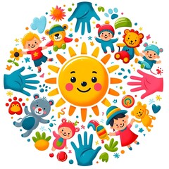 Colorful kindergarten logo featuring cheerful children, a bright sun, and rainbow