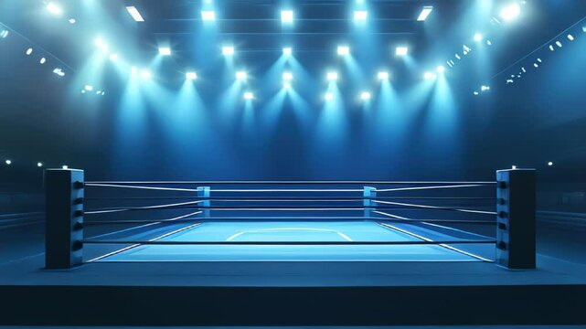 A boxing ring with a blue background and lights. The lights illuminate the ring.
