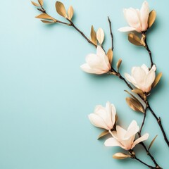 A delicate branch of magnolia flowers against a light blue background.