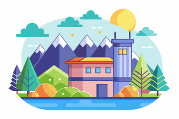 Fototapeta premium Cartoon Landscape with a House, Mountains, and a Lake