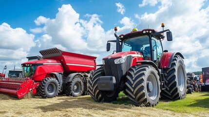 Obraz premium Red agricultural machinery on display at a farming expo under a cloudy sky