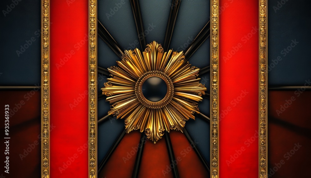 Wall mural Ornate Gold Sunburst with Red, Blue, and Black Panels