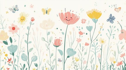 A whimsical floral illustration featuring colorful flowers and butterflies in a cheerful setting.
