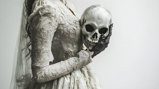 A ghostly bride in a Victorian dress, holding a creepy Halloween mask, detailed textures, subtle shadows, isolated on white background