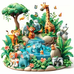 Naklejka premium Cartoon 3D wildlife conservation scene with animals in their natural habitat Isolated white background