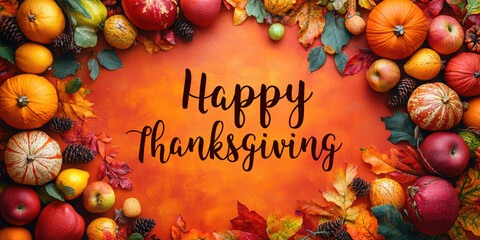 Pumpkins and colorful maple leaves are framing a orange background, creating a perfect space for your message. Thanksgiving day. Harvest. Flat lay, top view. Copy space. Mock up