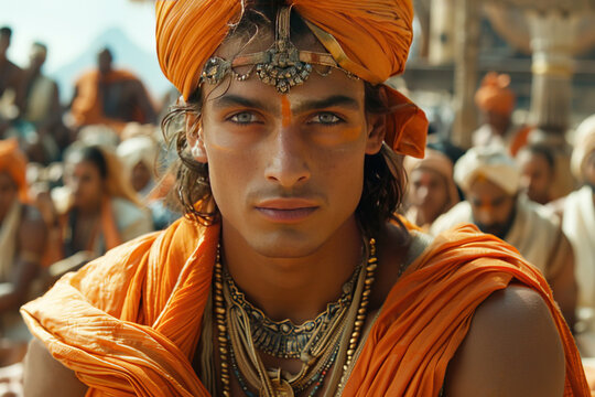 Ashoka is a young guy in orange robes and a dastar turban, kashaya, the leader of Hinduism and Buddhism.