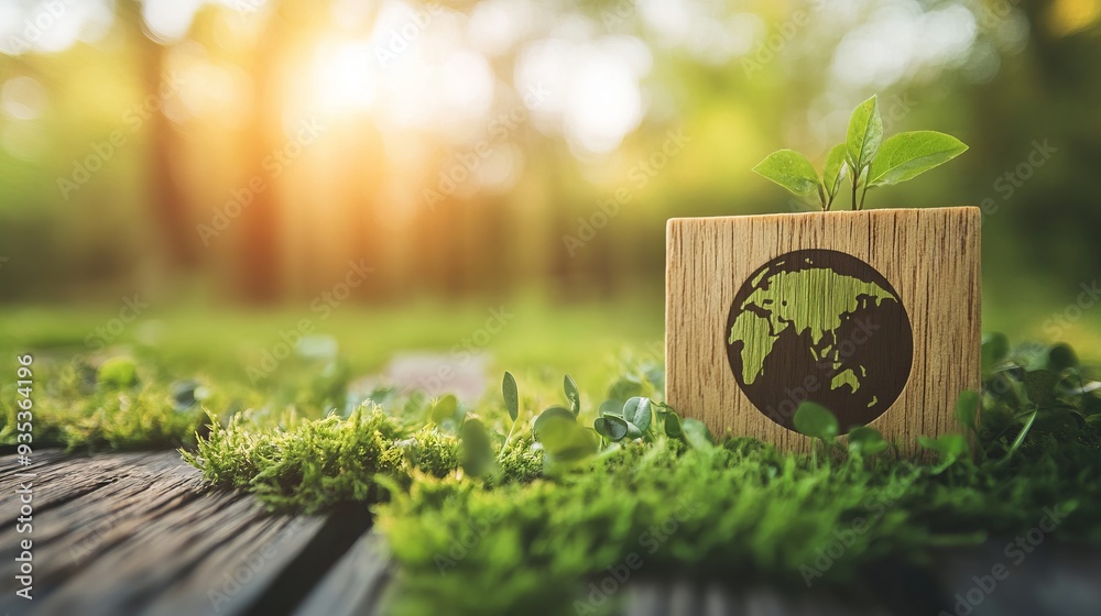 Poster Environment icon on a wood block in green nature background.. save the earth the clean planet, ecology concept with copy space and world environment day concept 