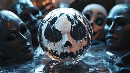 A shattered crystal ball with eerie reflections, surrounded by vintage Halloween party masks, digital art, dark tones, isolated on white background
