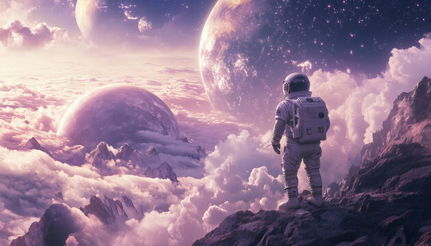  a captivating scene of space exploration with astronauts exploring a distant planet. Include futuristic space suits, advanced spacecraft, and breathtaking views of the cosmos. Highlight the exc