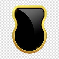Black shield with glossy bright golden frame. Logotype medieval. Coat metal icon sign. VIP luxury logo design element. Vector clipart illustration on a white isolated background.