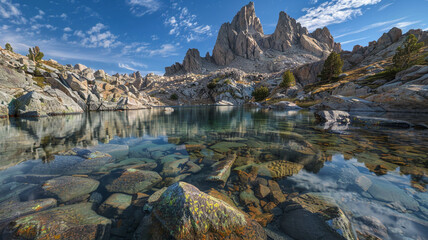 a plateau mountain with rugged rock formations and a clear, blue lake