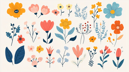A set of fun, playful flower and nature design elements created in a flat, hand-drawn vector style. 