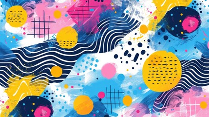 The close up of the abstract picture of the colourful memphis pattern wallpaper, memphis pattern is the design style that vibrant and mix of geometric shapes, bold colors, and playful patterns. AIG51.