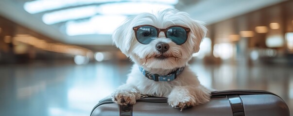 Adorable white maltese dog going on vacation standing on suitcase travel and sunglasses in modern airport terminal background,Funny Vacation and Travel,pet-friendly,Tourist journey trip concept.