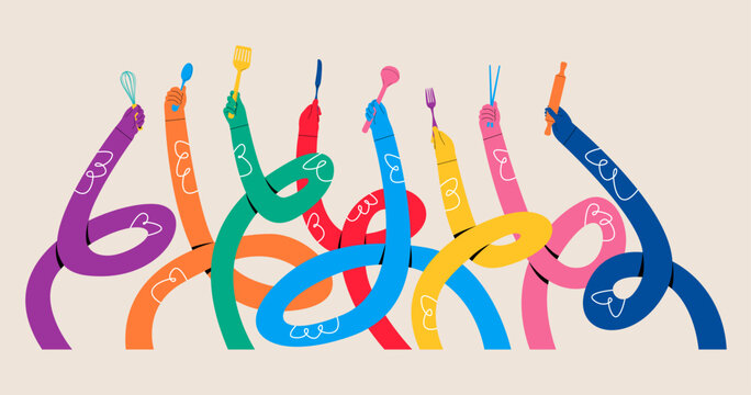Funny long hands holding a kitchenware.Colorful vector illustration