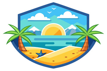 Obraz premium Tropical Beach Scene with Palm Trees, Mountains, and Sunset