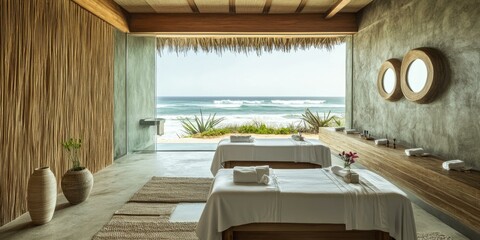 Obraz na płótnie Canvas Two massage tables overlooking ocean view.