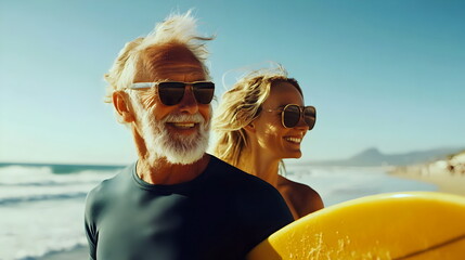 Joyful Couple Surfing Beach Adventure Sun Fun Smiles Surfboard Sunglasses Waves Outdoors Happiness