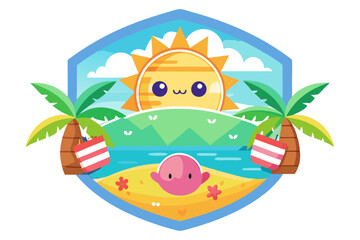 Cute Summertime Beach Scene with Palm Trees and a Smiling Sun