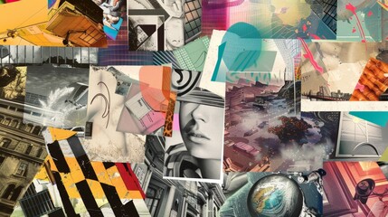 Fototapeta premium Abstract Collage with Cityscape, Buildings, and a Woman's Face.
