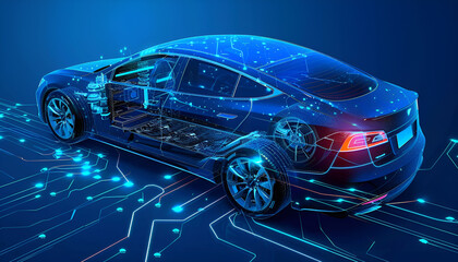 Fototapeta premium transformer and electric car on a blue background, elements are highlighted