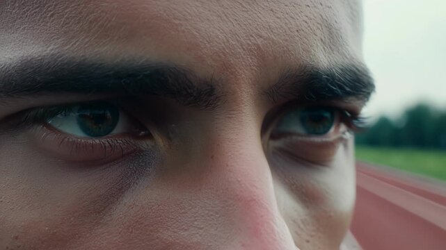 Close up of a focused athlete with blue eyes and a determined expression, capturing the intensity and passion of sports