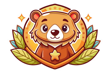Fototapeta premium Cartoon Bear with a Star on its Chest Surrounded by Leaves and Stars