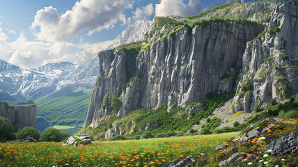 a plateau mountain with rugged cliffs and a lush meadow below