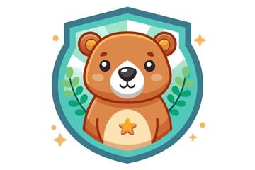 Cute Cartoon Brown Bear in a Shield Badge with a Star