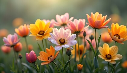 Naklejka premium Beautiful colorful flowers growing in a meadow, captured up close. Nature's vibrant details, full of life and color, creating a picturesque summer landscape.