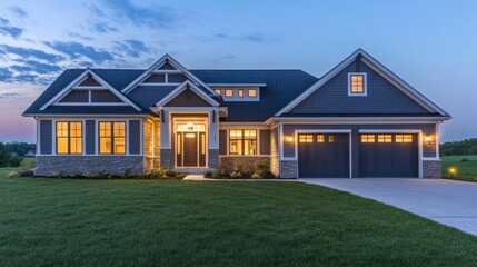 Fototapeta premium beautiful new house at dusk with the windows and front door lit, and the large garage door light on. 